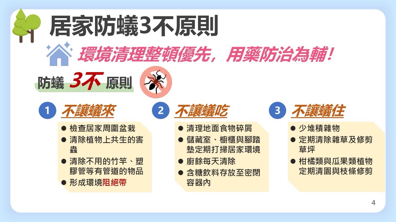 居家環境防治疣胸琉璃蟻之三不原則